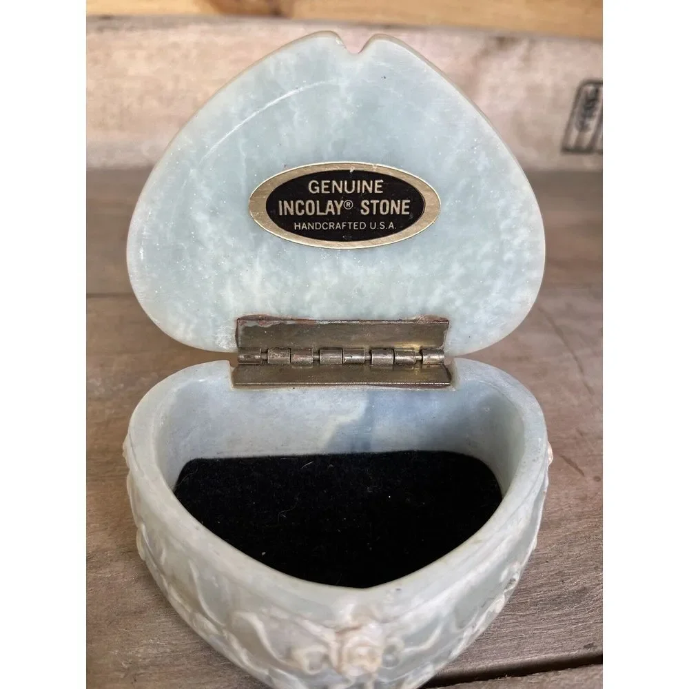 Vintage Genuine Incolay Blue Green Stone Heart Shape /Roses  Jewelry Trinket Box